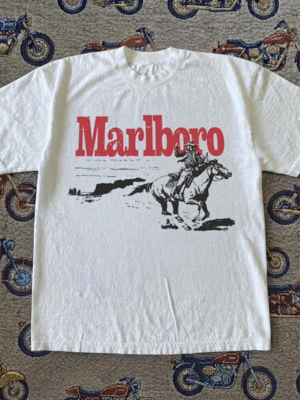 Gildan White Short-Sleeve Tee with Red Marlboro Logo and Black Cowboy Graphic